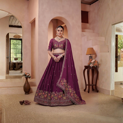 Wine Silk Crush Festive Embroidered Lehenga