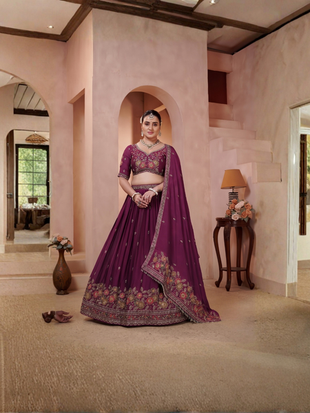 Wine Silk Crush Festive Embroidered Lehenga