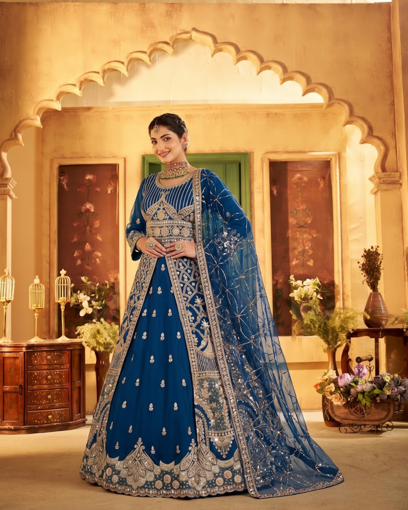 Rama Elegant Sindoor Satin Lehenga Set for Festive Occasions