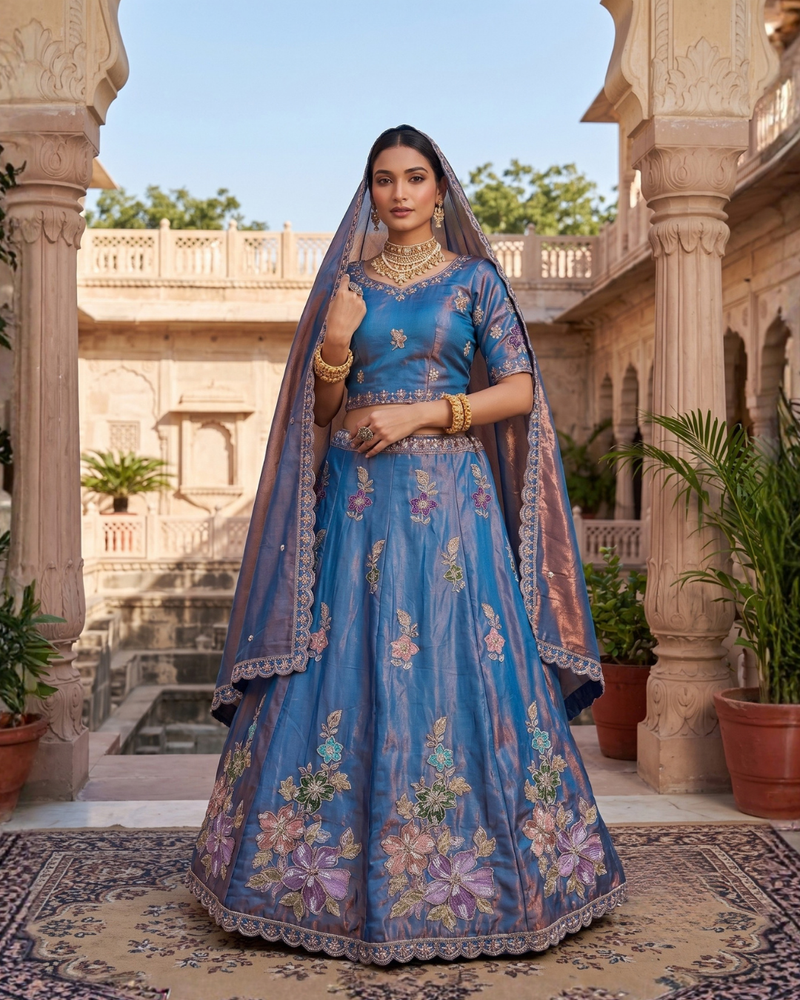 Blue Elegant Sindoor Satin Lehenga Choli for Festive Occasions