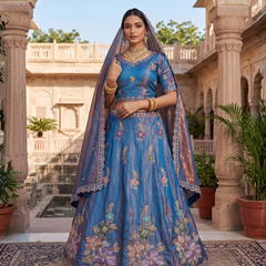 Blue Elegant Sindoor Satin Lehenga Choli for Festive Occasions