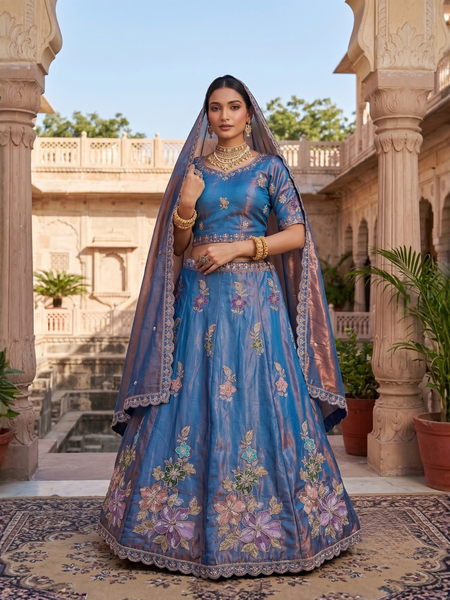 Blue Elegant Sindoor Satin Lehenga Choli for Festive Occasions