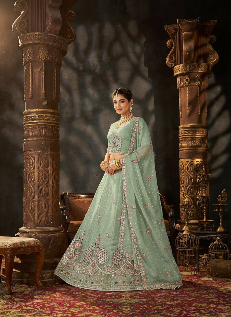 White Designer Moss Butti Embroidered Lehenga Choli
