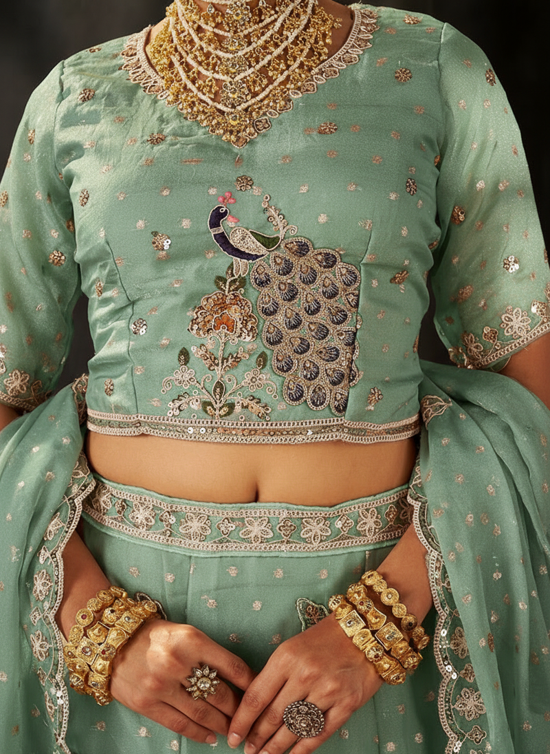 White Designer Moss Butti Embroidered Lehenga Choli