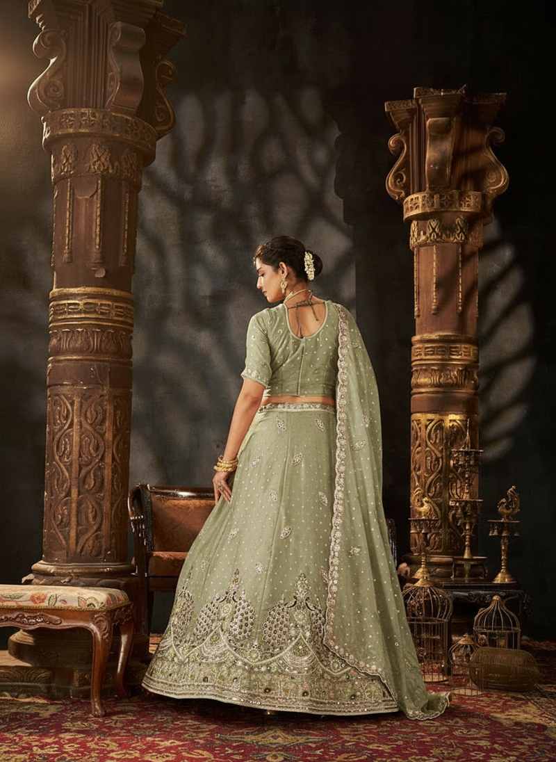 White Designer Moss Butti Embroidered Lehenga Choli