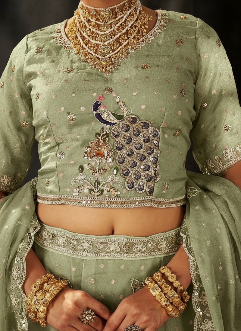 White Designer Moss Butti Embroidered Lehenga Choli