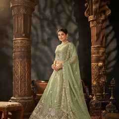 White Designer Moss Butti Embroidered Lehenga Choli