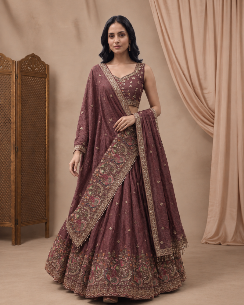 Earthy Mauve Embroidered Occasion Wear Lehenga