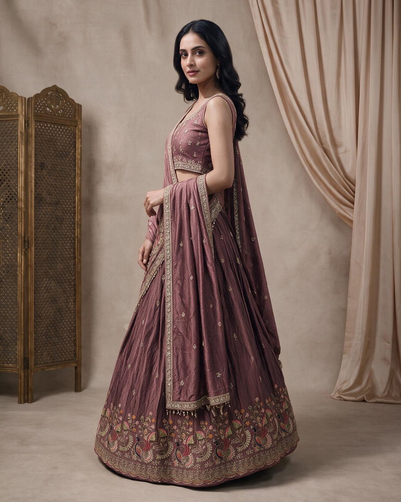 Earthy Mauve Embroidered Occasion Wear Lehenga
