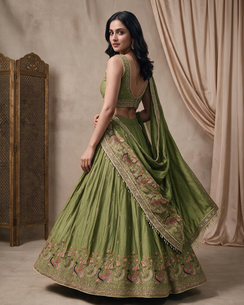 Olive Green Silk Crush Traditional Lehenga Set