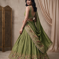 Olive Green Silk Crush Traditional Lehenga Set