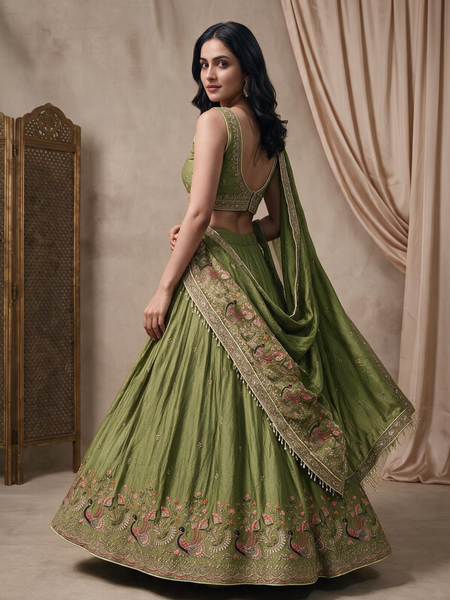 Olive Green Silk Crush Traditional Lehenga Set