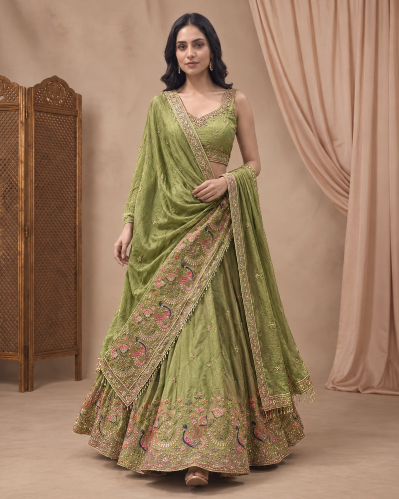 Olive Green Silk Crush Traditional Lehenga Set