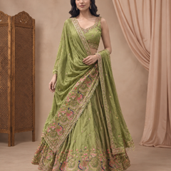 Olive Green Silk Crush Traditional Lehenga Set