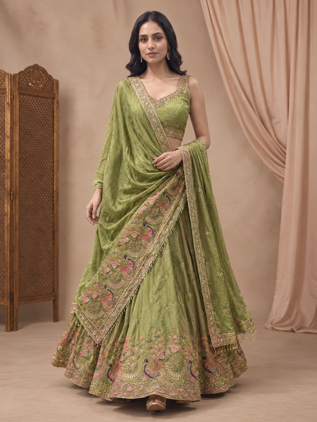 Olive Green Silk Crush Traditional Lehenga Set