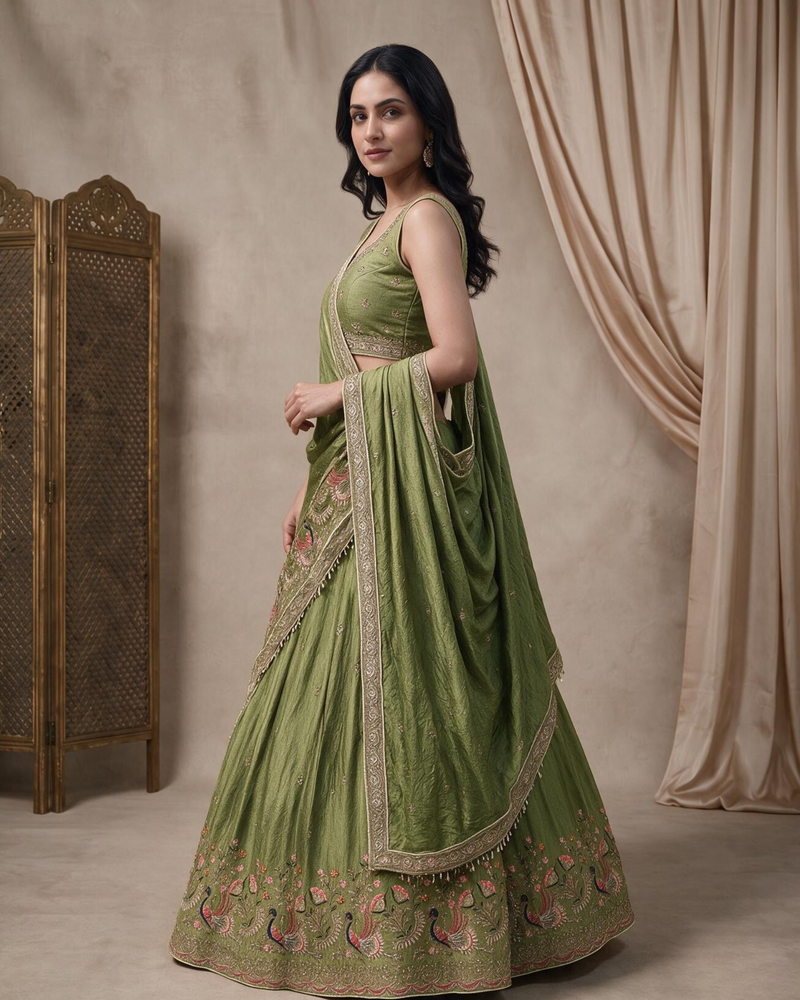 Olive Green Silk Crush Traditional Lehenga Set
