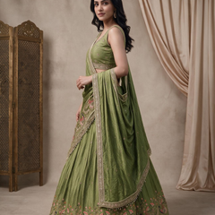 Olive Green Silk Crush Traditional Lehenga Set