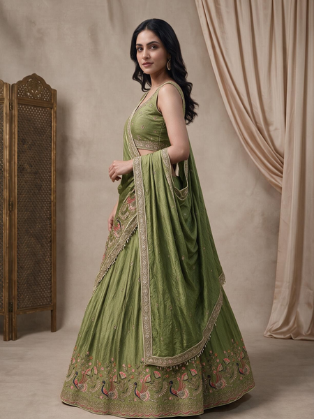 Olive Green Silk Crush Traditional Lehenga Set