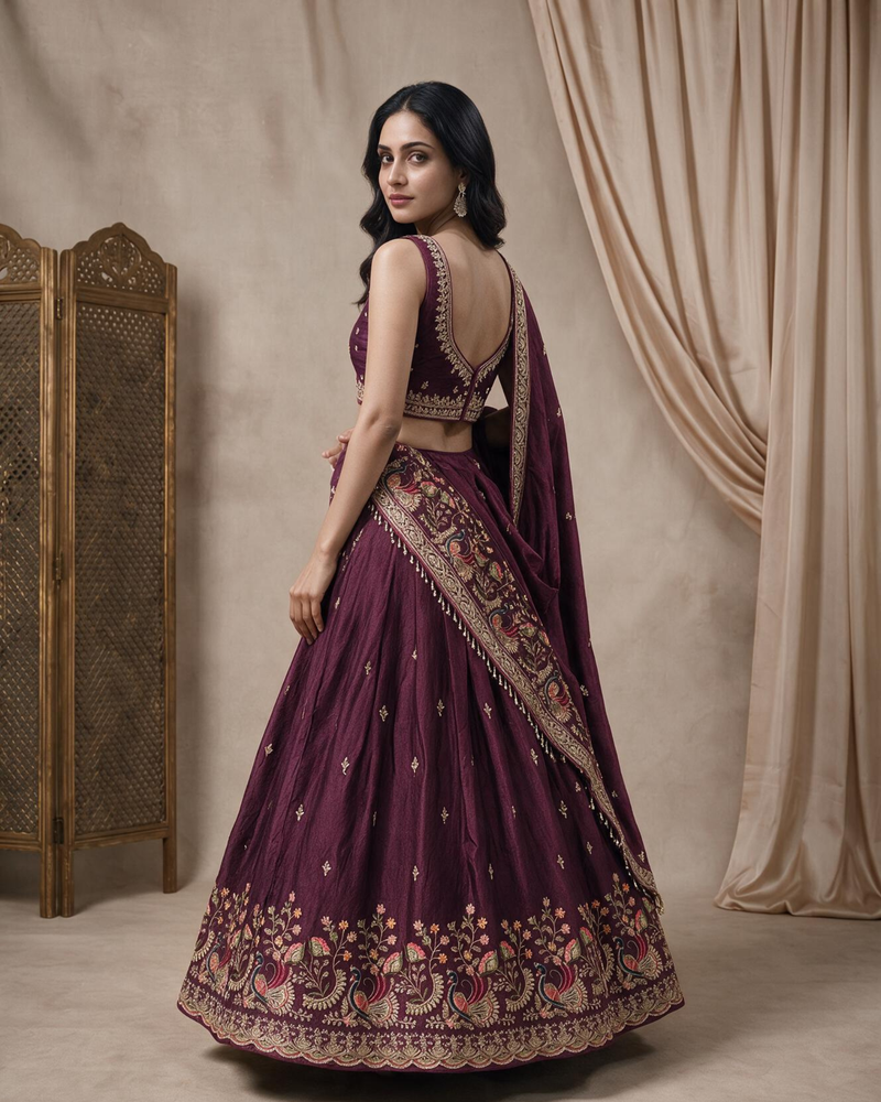 Wine Silk Crush Premium Embroidered Lehenga