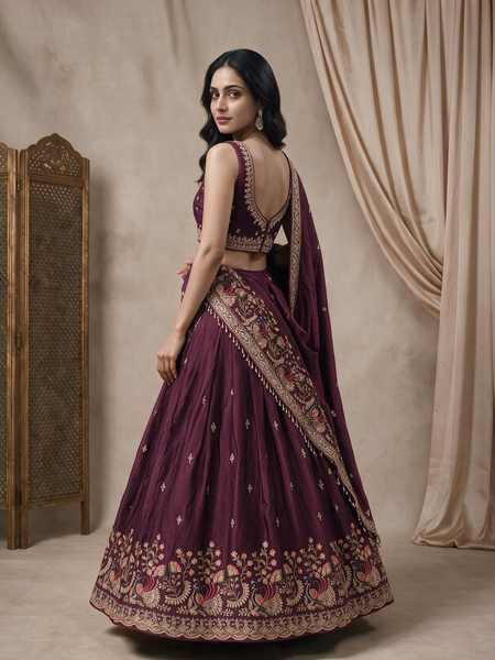 Wine Silk Crush Premium Embroidered Lehenga