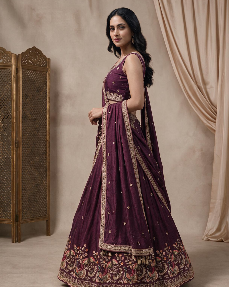 Wine Silk Crush Premium Embroidered Lehenga