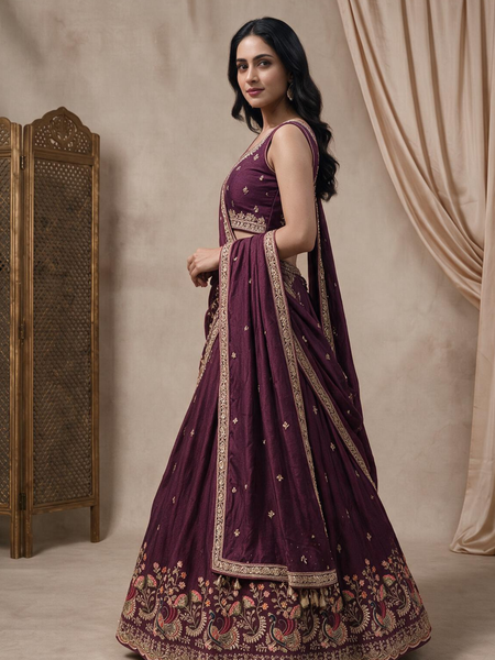 Wine Silk Crush Premium Embroidered Lehenga