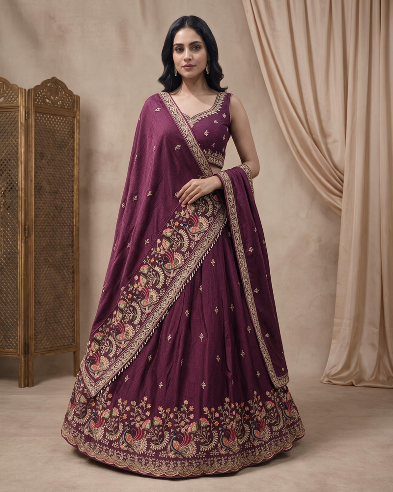 Wine Silk Crush Premium Embroidered Lehenga