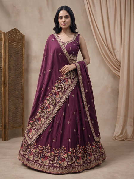 Wine Silk Crush Premium Embroidered Lehenga