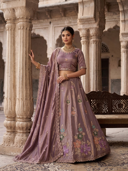 Golden Wedding Wear Sindoor Satin Embroidered Lehenga