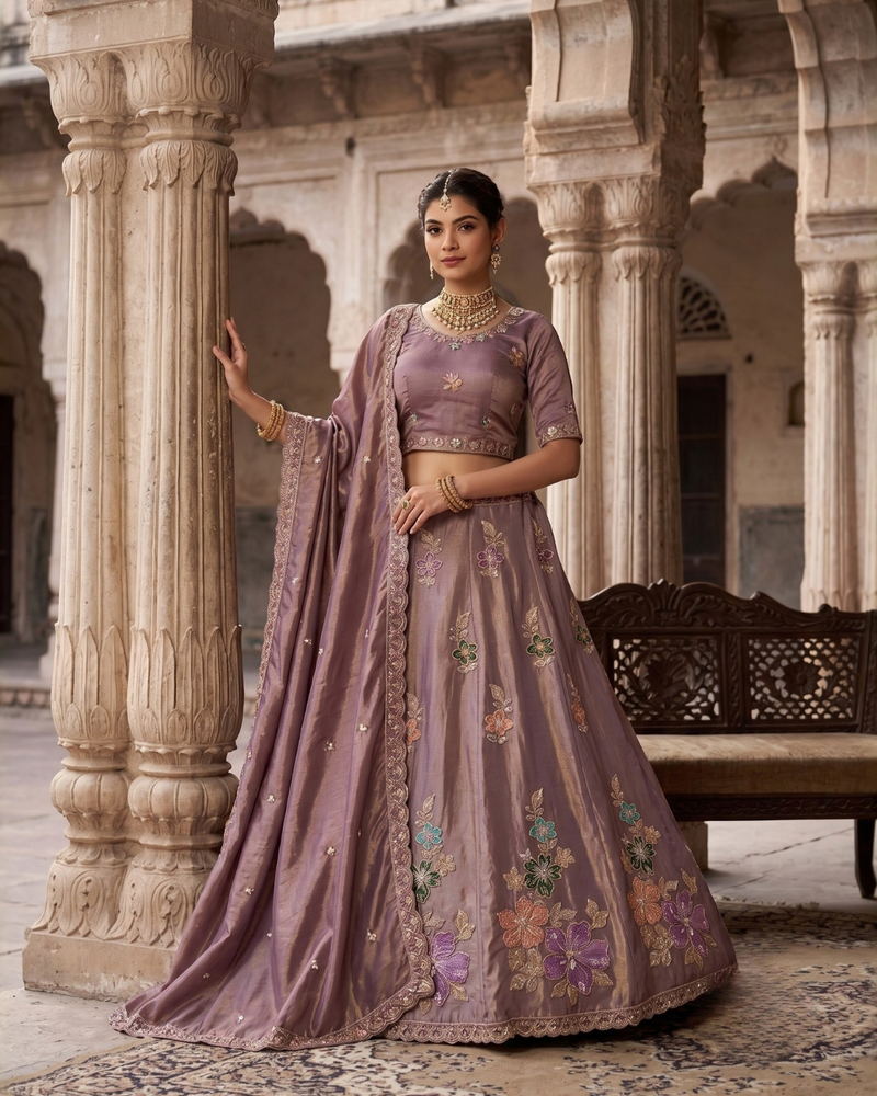 Mauve Sindoor Satin Embroidered Lehenga Choli for Women