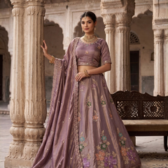Mauve Sindoor Satin Embroidered Lehenga Choli for Women