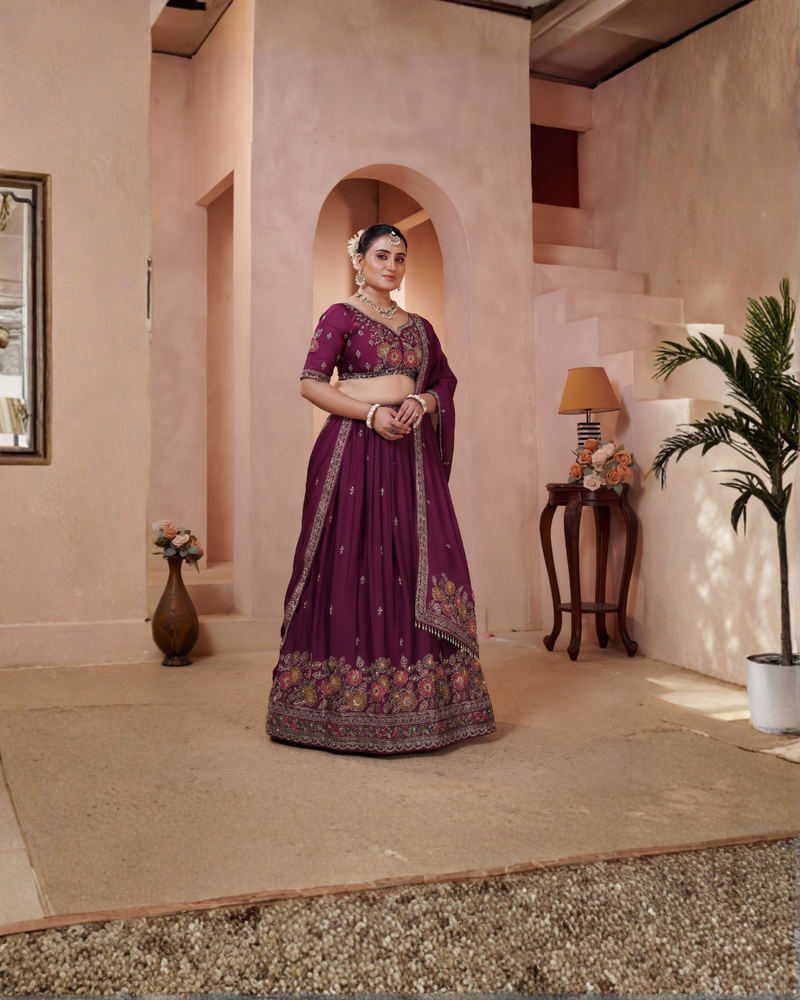 Wine Silk Crush Festive Embroidered Lehenga