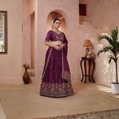 Wine Silk Crush Festive Embroidered Lehenga