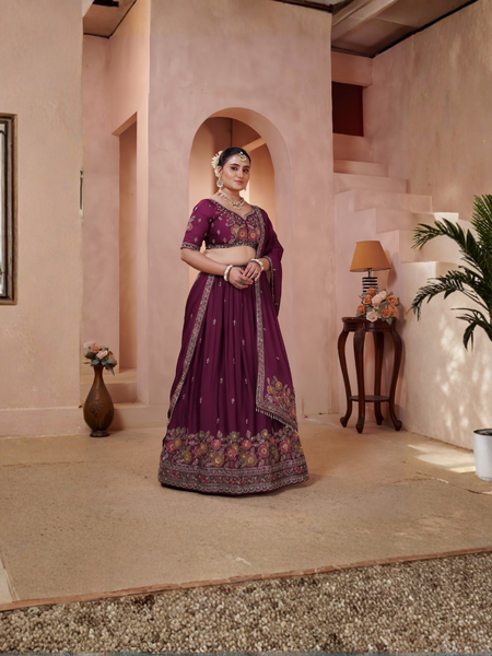 Wine Silk Crush Festive Embroidered Lehenga