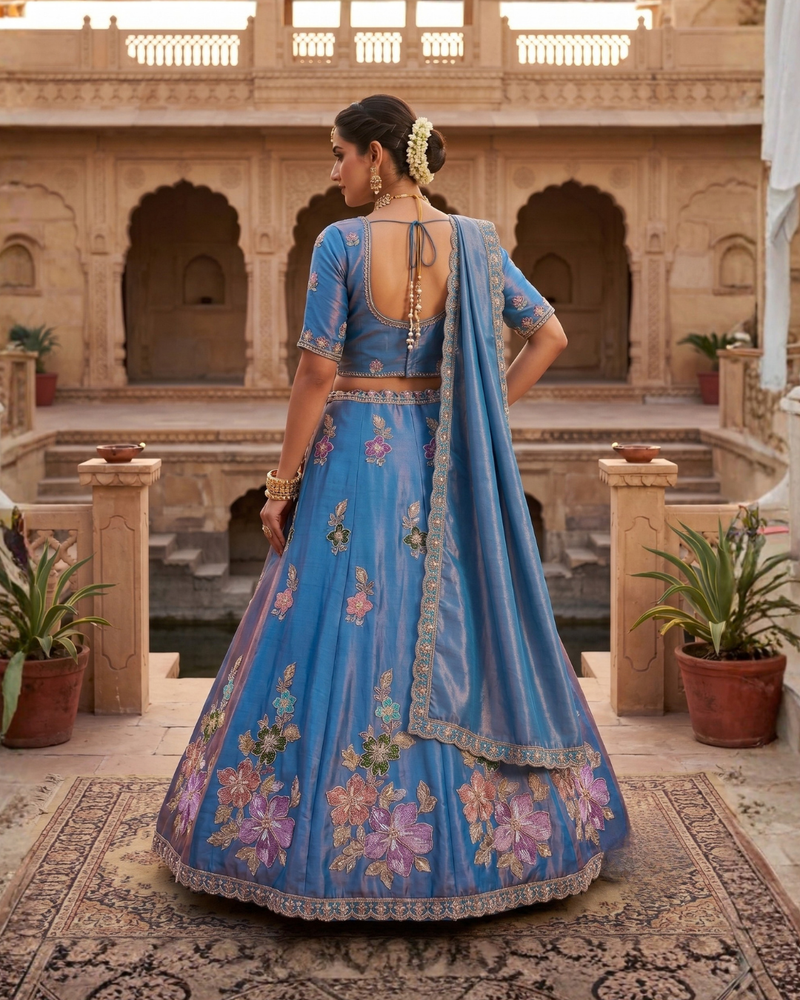 Blue Elegant Sindoor Satin Lehenga Choli for Festive Occasions