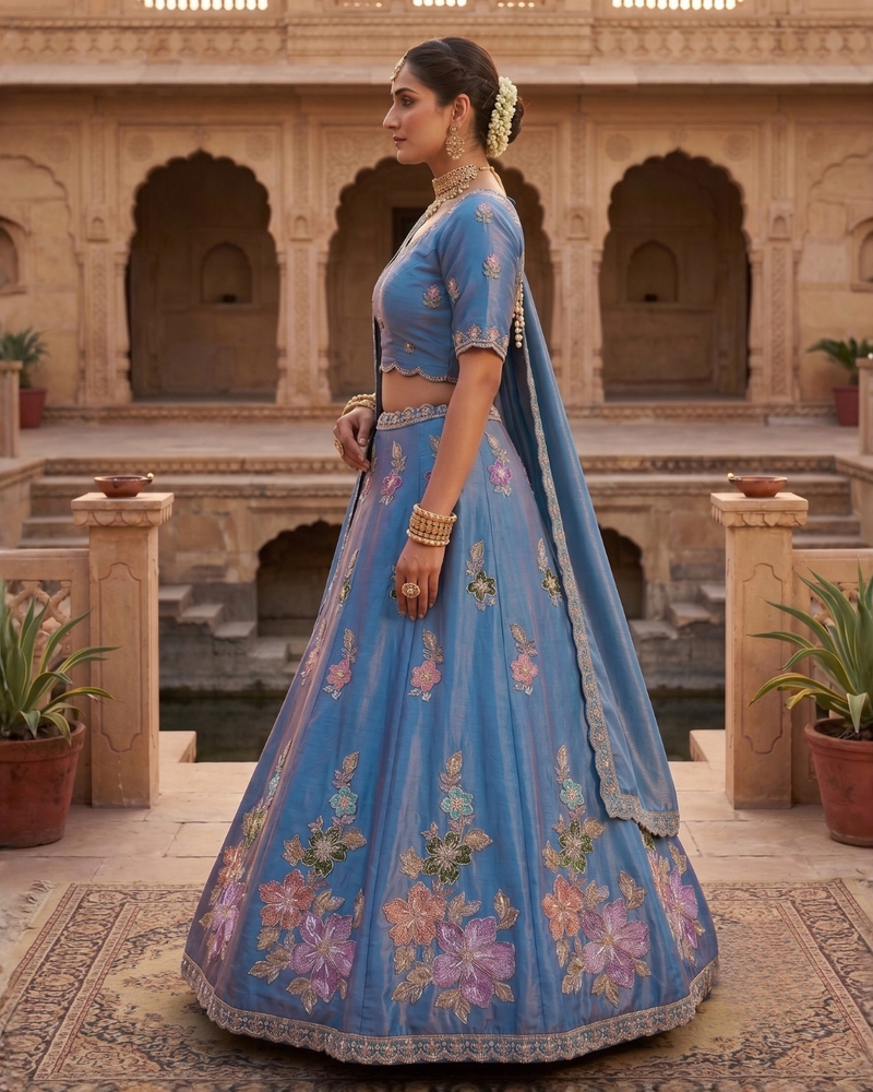 Blue Elegant Sindoor Satin Lehenga Choli for Festive Occasions