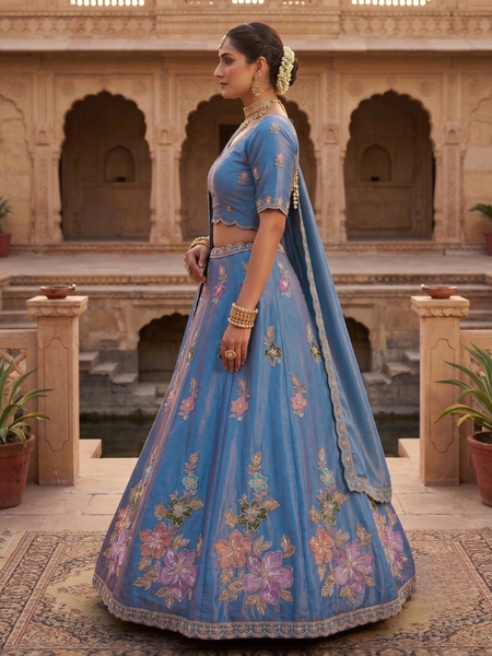 Blue Elegant Sindoor Satin Lehenga Choli for Festive Occasions