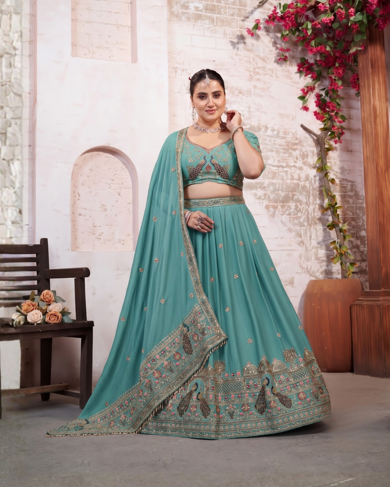 Jade Green Festive Silk Crush Lehenga Choli
