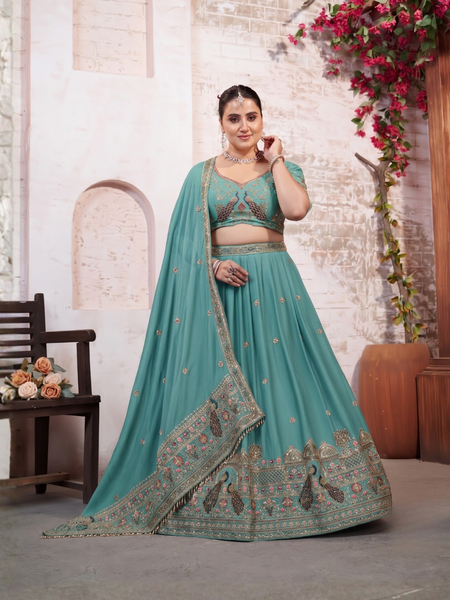 Jade Green Festive Silk Crush Lehenga Choli