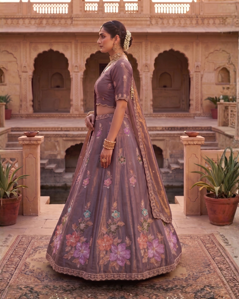 Mauve Sindoor Satin Embroidered Lehenga Choli for Women