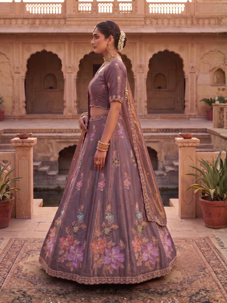 Mauve Sindoor Satin Embroidered Lehenga Choli for Women