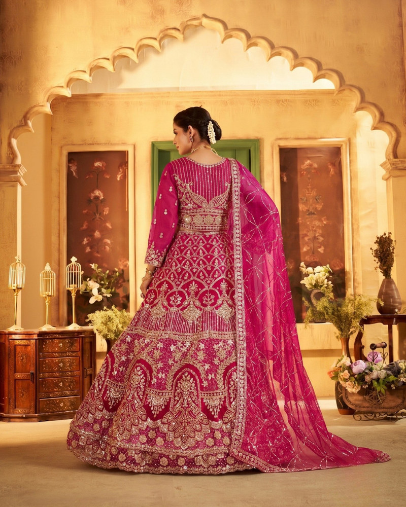 Rani Traditional Sindoor Satin Embroidered Lehenga Set