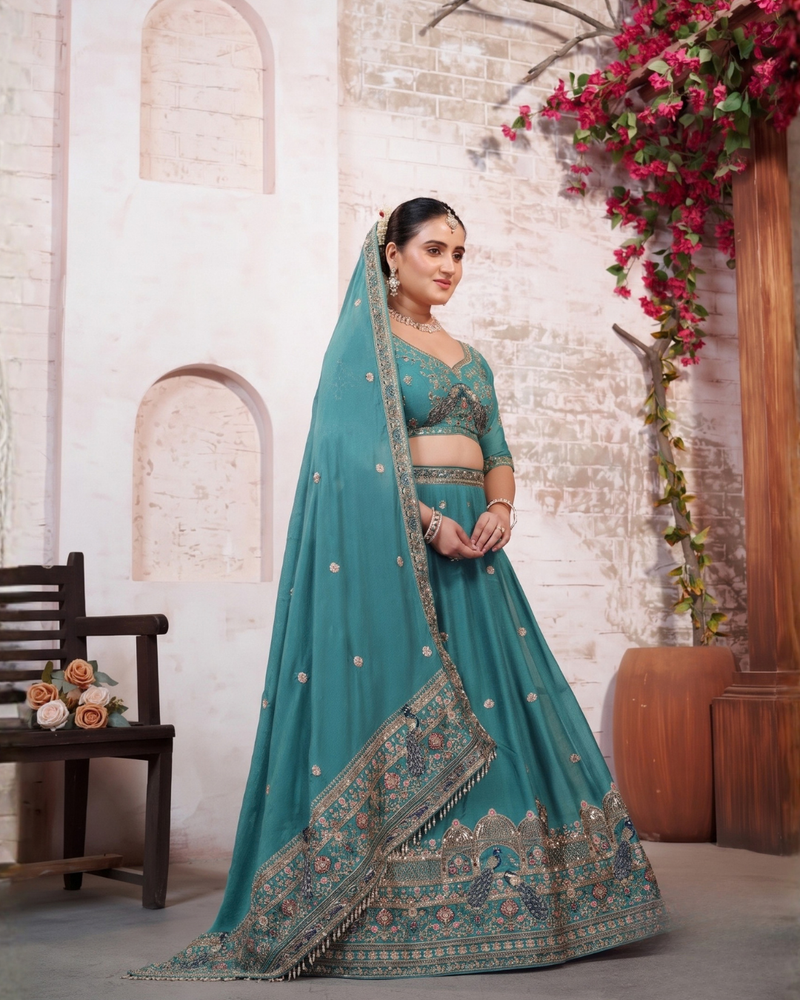 Jade Green Festive Silk Crush Lehenga Choli