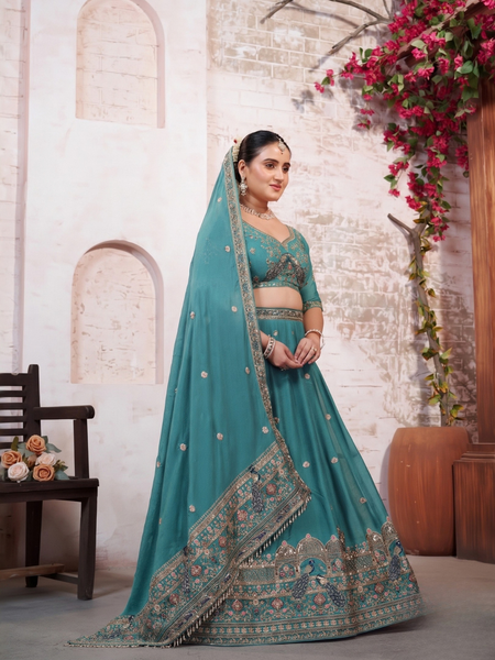 Jade Green Festive Silk Crush Lehenga Choli