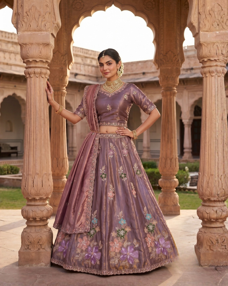 Mauve Sindoor Satin Embroidered Lehenga Choli for Women