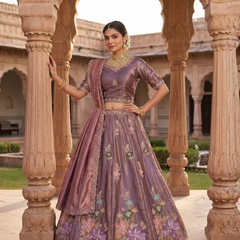Mauve Sindoor Satin Embroidered Lehenga Choli for Women