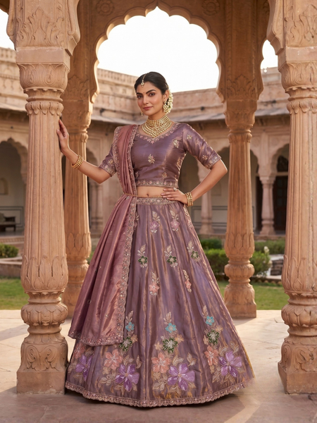 Mauve Sindoor Satin Embroidered Lehenga Choli for Women