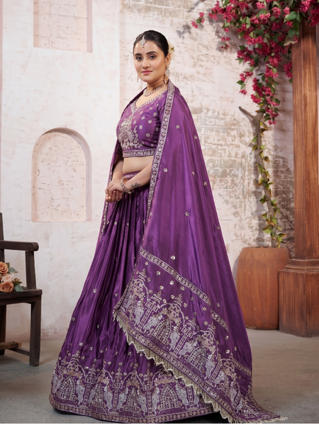 Purple HO Silk Festive Embroidered Lehenga