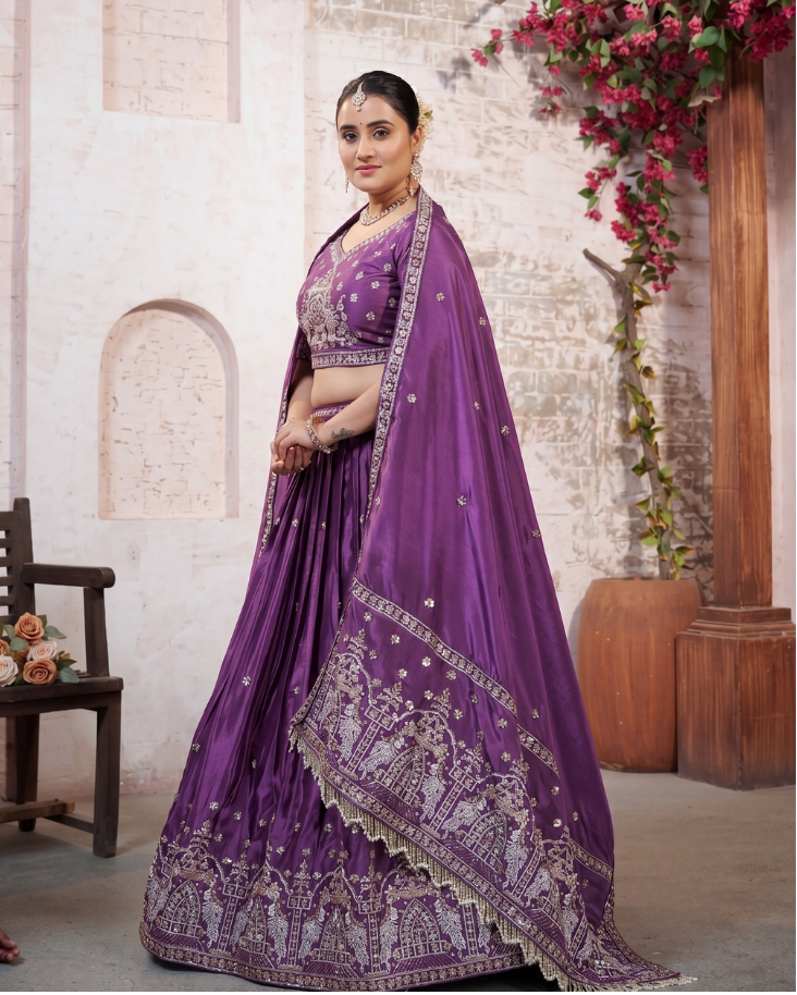 Purple HO Silk Festive Embroidered Lehenga