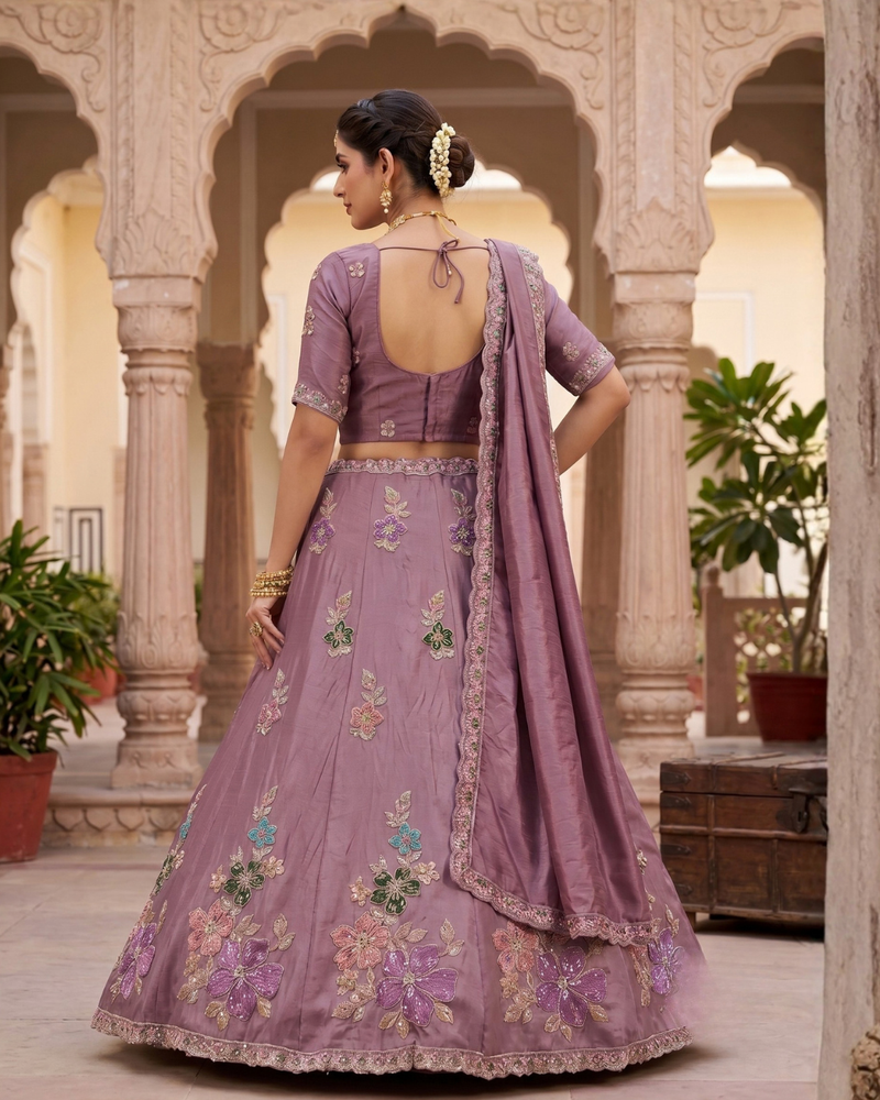 Mauve Sindoor Satin Embroidered Lehenga Choli for Women
